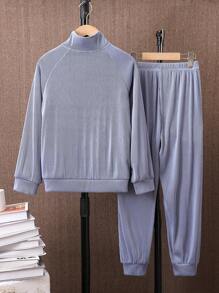 男童条纹印花休闲立领长袖上衣和运动裤两件套