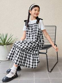 SHEIN Tween Girl's Daily Casual Knitted Short-Sleeved Round-Neck Top And Plaid Strap Dress Set - Black and White - View 4