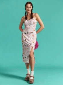 SHEINNeu 7 月 4 日女士、飘逸、塑身衣、秋季、白兰地、青少年服装、性感派对礼服、长裙、休闲、太阳裙、小狗、可爱、粉色、可爱印花