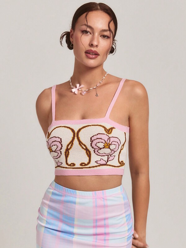 SHEINNeu Camisetas sin mangas de mujer, tejido de punto, ropa de otoño, tubo de ropa de otoño con patrón floral en azul real, rosa claro y celeste, para la playa, diarios, versátil, de diseño contrastante, para ropa de invierno de mujer, suéteres con camisas, ajustados, con diseño de flor de lis, románticos