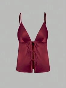 SHEIN Unity Solid Tie Front Satin Cami Top - Burgundy - View 3