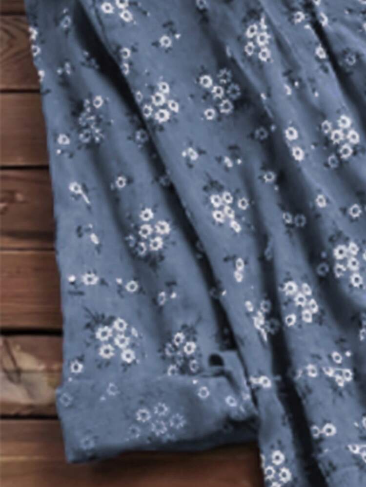 Ditsy Floral Print Notched Neck Blouse - Blue - View 3