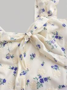 SHEIN MOD 加大尺碼無袖上衣，波浪袖口，蝴蝶結擺飾前綁帶，藍色花織物，杏色背面 - 杏色 - 查看 3