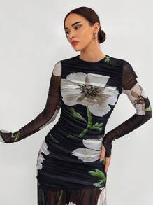 Aloruh 浪漫约会褶皱长袖印花网眼黑色连衣裙，带花朵贴花，女士款 - 彩色 - 查看 4