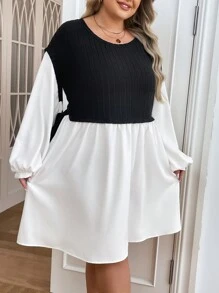 SHEIN CURVE+ Đường cong Plus Quần áo phụ nữ mùa thu Hai tông màu Tay áo đèn lồng Nút thắt bên Váy 2 trong 1 Quần áo công sở Đi chơi Trang phục giáo viên - Đen và trắng - Xem 6