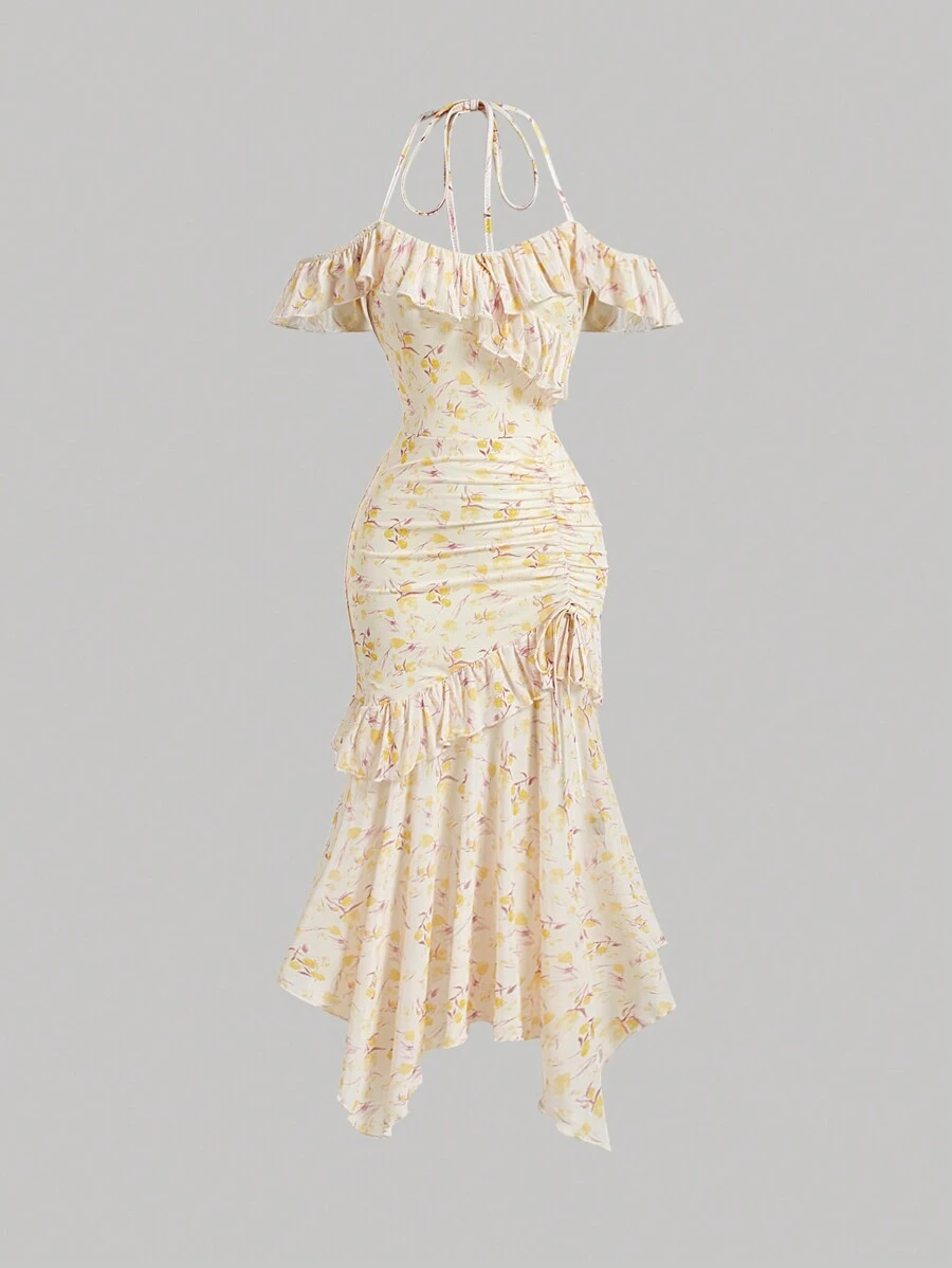 SHEIN MOD Vestido largo de punto floral rosa para el verano, vestidos de mujer rosas, vestido de graduación - Amarillo - Ver 1