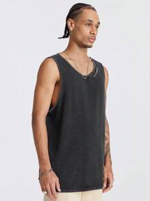 Manfinity RebelGame 男士宽松酸洗图案无袖圆领背心，适合夏季穿着 - 綠色 - 查看 6