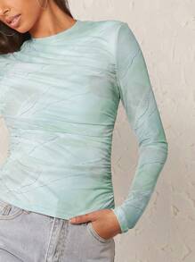 SHEIN Unity Marble Print Ruched Mesh Top - Blue - View 3