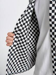 Manfinity VCAY Men's Loose Long Sleeve Plaid Shacket, Black And White Color Block Preppy Plaid Shacket
