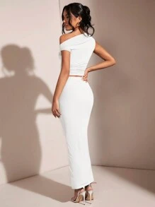 SHEIN BAE Women's Solid Color Simple Daily Asymmetrical Neck Top And Skirt Set - White - View 2