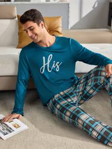 Men's Casual Plaid Print Top & Pants Homewear Two-Piece Set, Fall Winter Clothes