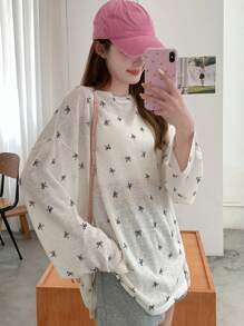 DAZY Bow Print Drop Shoulder Tee For Spring And Summer Sheer Long Sleeve Women Tops
