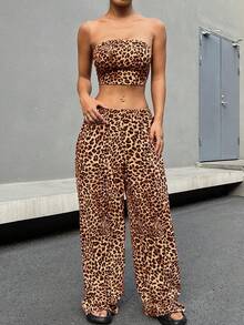 SHEIN EZwear 女士豹紋圓領短上衣和長褲套裝 - 咖啡棕 - 查看 4