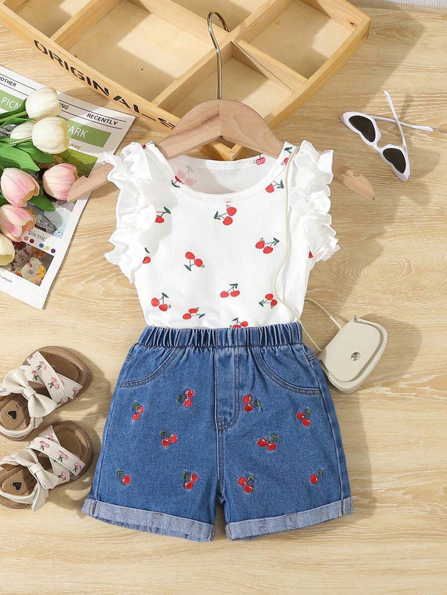 SHEIN 女宝宝樱桃印花刺绣夏季上衣和牛仔短裤套装牛仔小女孩套装无袖小女孩套装青少年女孩衣服套装 - 彩色 - 查看 1