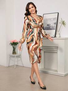 SHEIN Clasi Vestido de satén de manga larga con escote en V para mujer con elegante y romántico dobladillo de burbuja y estampado de ondas con patrón de mármol, adecuado para fiestas, citas y uso diario en primavera, otoño e invierno.