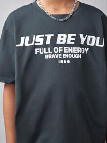 SHEIN Tween Boy's Letter Print Drop Shoulder Short Sleeve T-Shirt And Cargo Pants Set With Patch Pockets