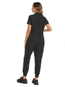 拉链短袖抽绳休闲简约哺乳连体裤