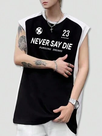 Men's Patchwork Slogan Printed Sleeveless Tank Top, Perfect For Daily Wear In Spring And Summer