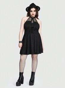ROMWE Goth 性感哥德式網紗和金屬串珠無背修身A字大碼洋裝 - 黑色 - 查看 1