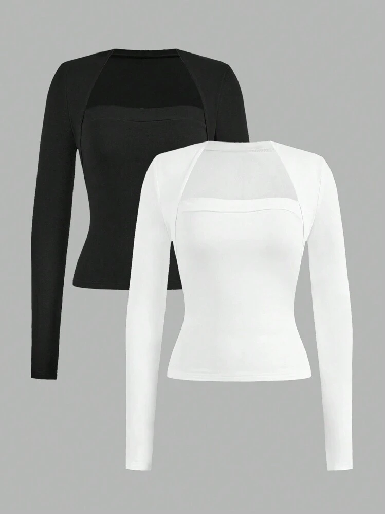 SHEIN EZwear 2 pièces T-Shirts à manches longues décontractées et ajustées pour femmes, conviennent pour l'automne et l'hiver
