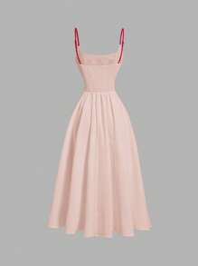 SHEIN MOD Women's Embroidered White And Red Color Block Long Dress, White Dress, Countryside Style - Pink - View 2