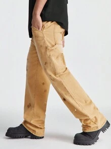 Manfinity Hypemode Men's Loose Straight Cut Khaki Baggy Jeans With Street Paint Pattern - Khaki - View 4