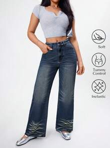 Women High Waist Casual Wide Leg Jeans - Dark Wash - View 1