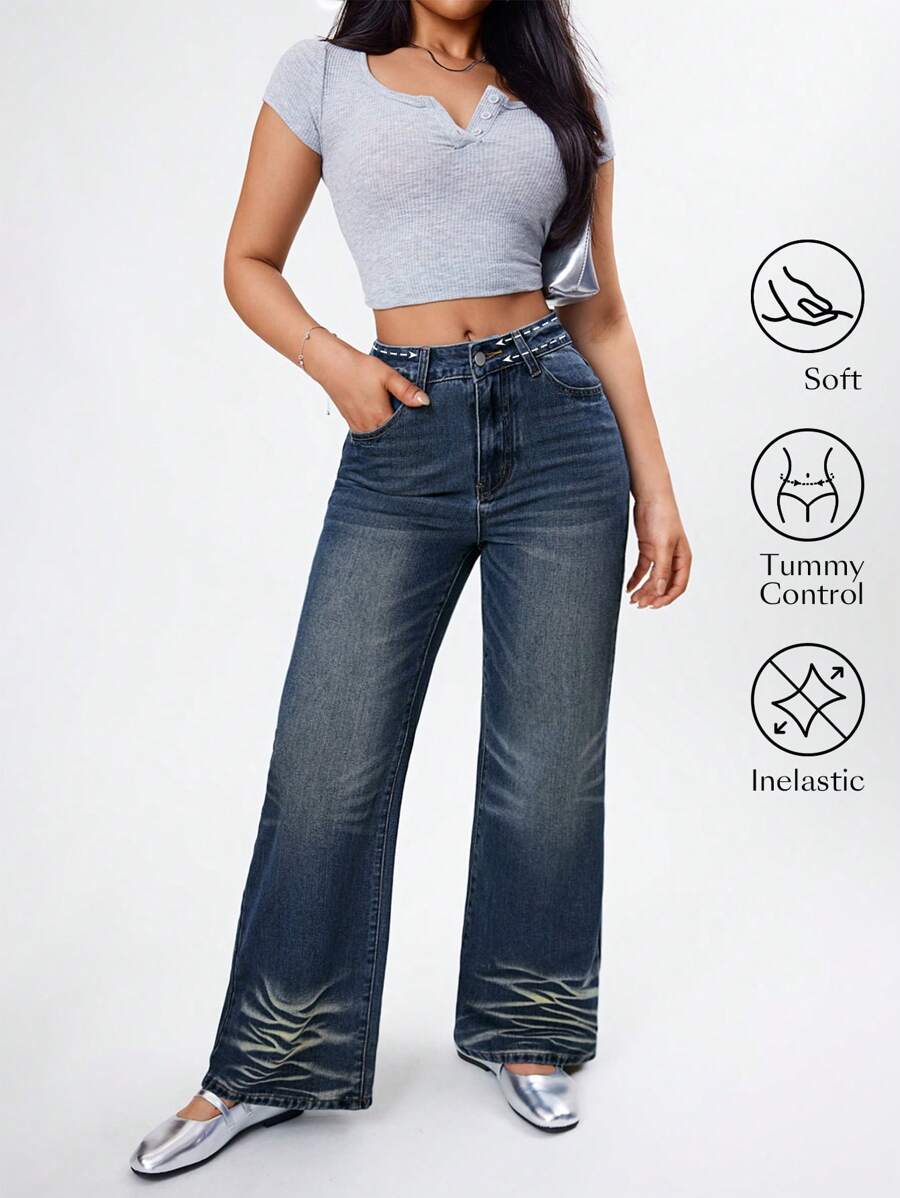 Women High Waist Casual Wide Leg Jeans - Dark Wash - View 1