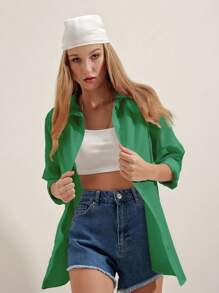 Cottnline Solid Button Up Drop Shoulder Shirt - Green - View 2