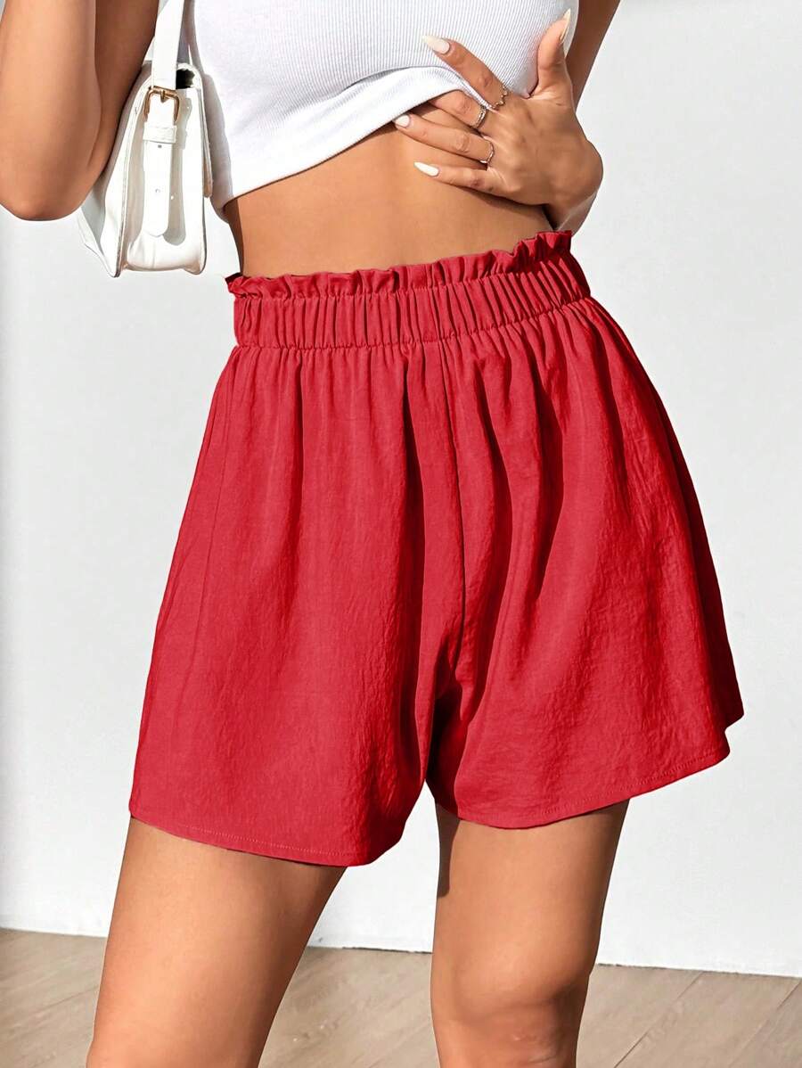 SHEIN Unity Solid Color Paper Bag Waist Casual Wide-Leg Shorts For New Year Clothes - Red - View 1