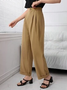 Mulvari Pantalon large tissé décontracté pour femmes, couleur unie - Kaki - Voir 4