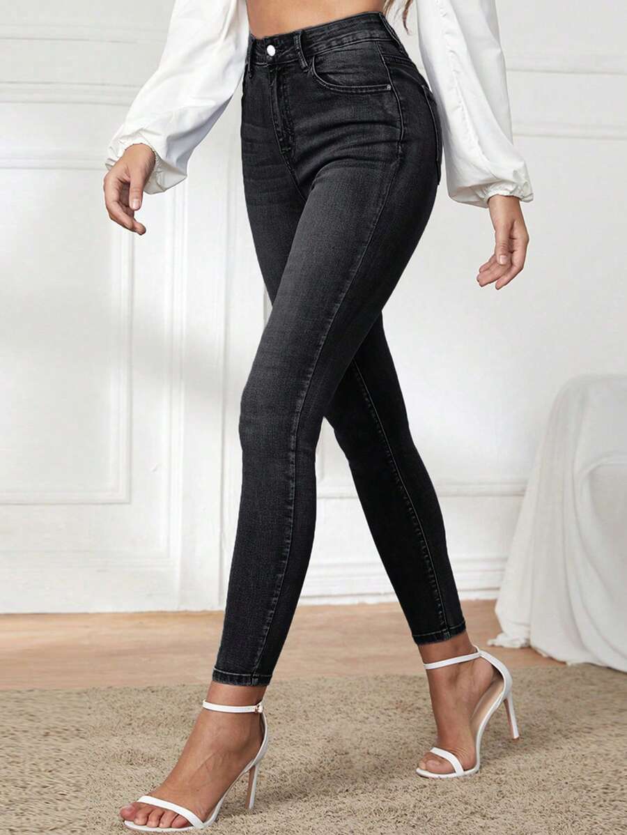 EMERY ROSE Slim-Fit Casual Denim Pants - Dark Grey - View 1