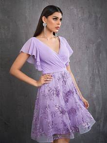 Magical V-Neck Pearl Chiffon Dress With Ruffled Sleeves, Beading, And Mesh Details - Purple - View 4
