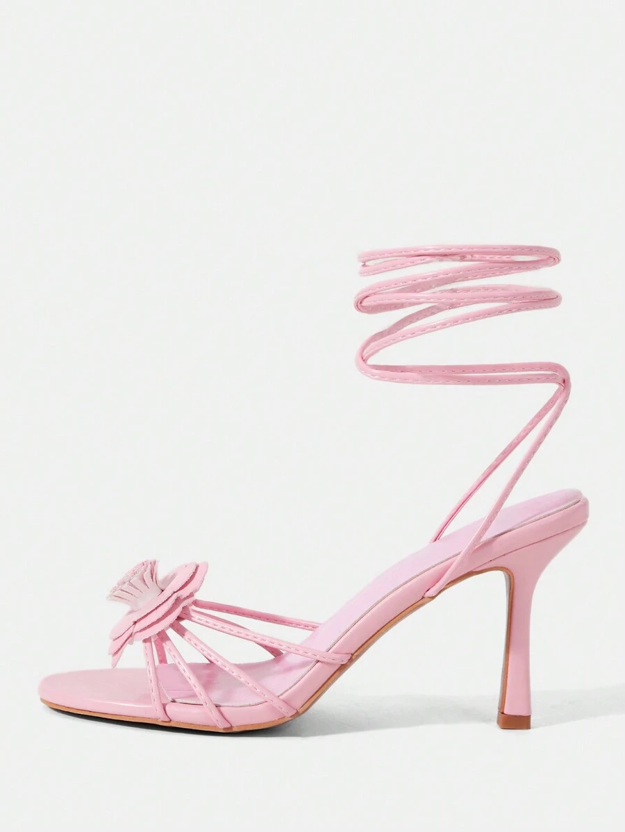 CUCCOO SZL Pink Pu Floral Decor Women'S Round Toe High Heel Strappy Sandals Vacation Shoes Summer SaleSexy Party Baddie Chic Gorgeous Style Halloween - Pink - View 1