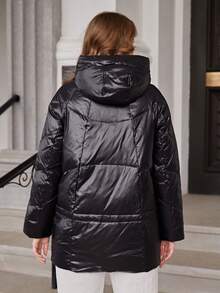 Astrid Plus Solid Zip Up Hooded Down Coat - Black - View 2