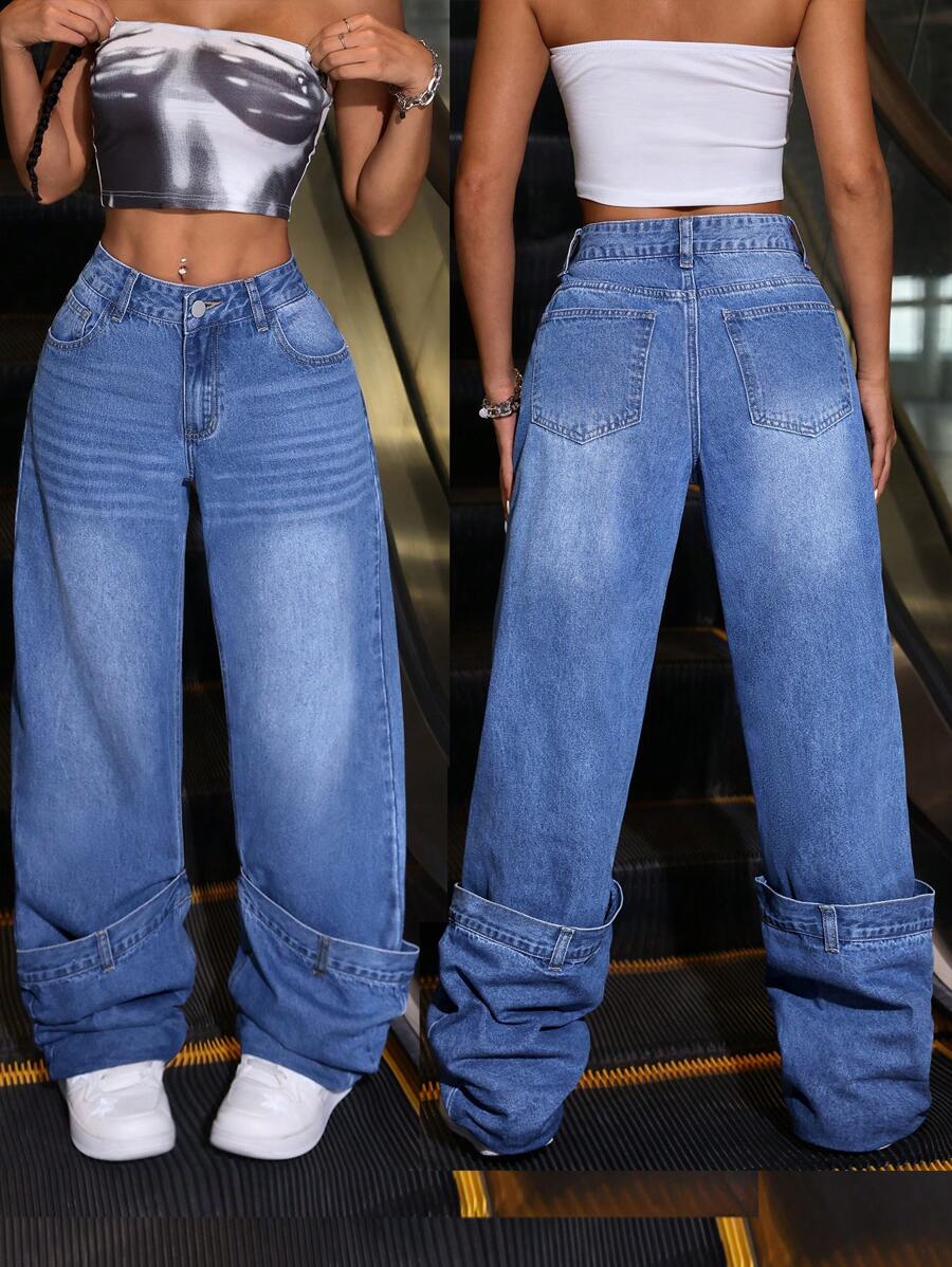 SHEIN ICON Women's Straight-Leg Jeans With Pockets For Casual Wear - Medium Wash - View 1