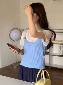 DAZY 女式針織上衣，帶蝴蝶結裝飾 - 藍色 - 查看 2