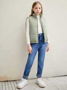 Tween Girls' Simple And Casual Loose Green Stand Collar Sleeveless Jacket Padded Coat For Fall/Winter - Green - View 5