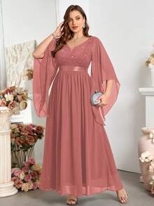 Vestido de fiesta largo con cuello en V profundo, mangas de mariposa, encaje con lentejuelas y gasa, para ocasiones especiales - Rosa vieja - Ver 5