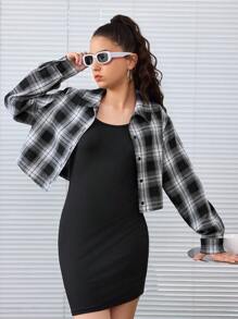SHEIN Conjunto de dos piezas para niña adolescente con blusa de cuello impreso y tejido a cuadros, y vestido tipo camiseta
