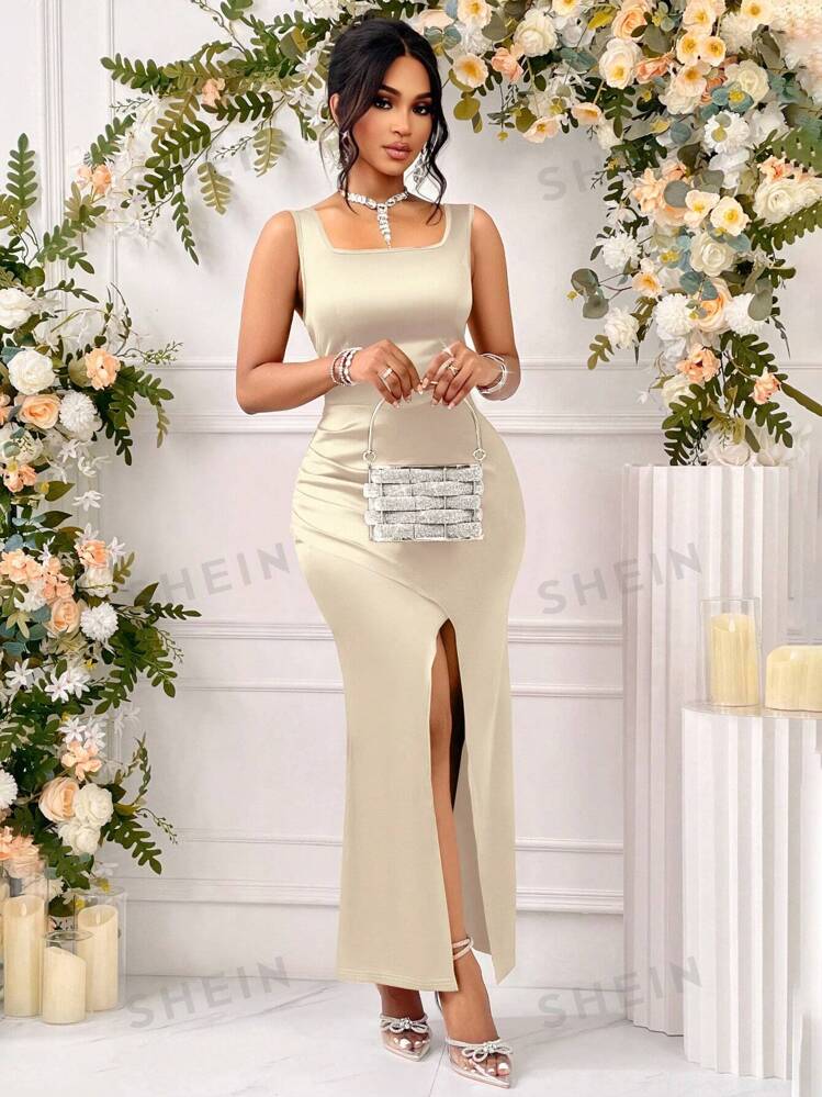 SHEIN Belle Tenue de demoiselle d honneur robe de soiree atmosphere de danse elegante encolure carree avec fendue et plissee robe longue elegante et luxueuse pour femmes Mode en ligne SHEIN