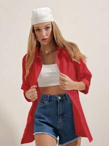 RueChic Drop Shoulder Button Front Shirt - Red - View 2