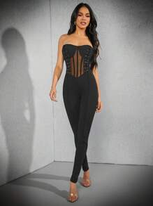 Hauture Women's Summer Fashion Mesh Contrast Cross Bandage Strapless Slim Jumpsuit