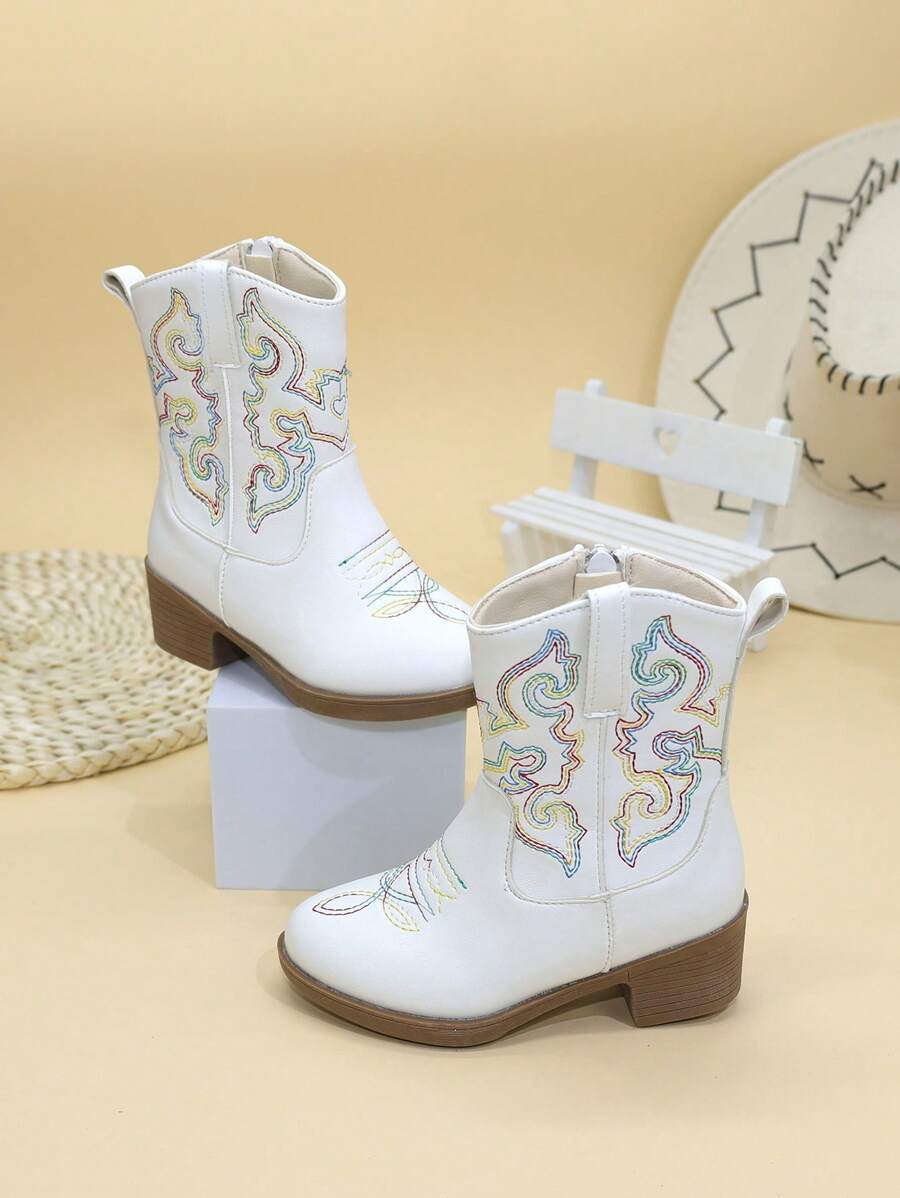 botas para niñas - botas vaqueras del oeste bordadas de caña alta/media, punta puntiaguda, cremallera lateral y tacones altos - Blanco - Ver 1