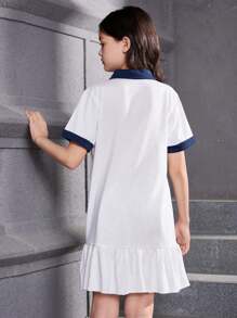 Teen Girls' Simple Printed Turn-Down Collar Short Sleeve Dress - White - View 2