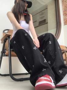 DAZY Bow Print Zipper Fly Wide Leg Jeans