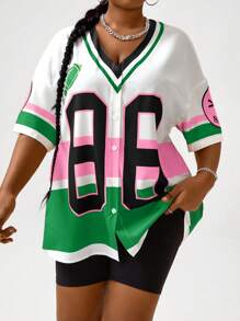 Flirla Plus Size V-Neck Button Up Loose Fit Casual Shirt With Letter Printed Striped Pattern, Short Sleeve Fashion Top, For Summer