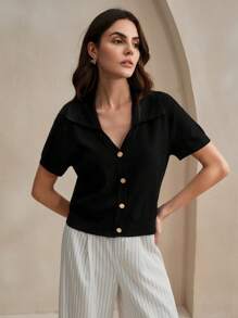 Anewsta Lässiger und bequemer Damen-Schwarzer-Cardigan mit großem Revers, V-Ausschnitt und Ein-Knopf-Verschluss