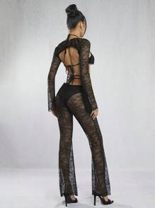 Hauture Lace O-Ring Top & Strap Pants Set - Black - View 2