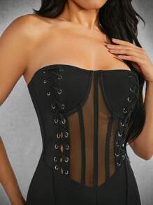 Hauture Women's Summer Fashion Mesh Contrast Cross Bandage Strapless Slim Jumpsuit